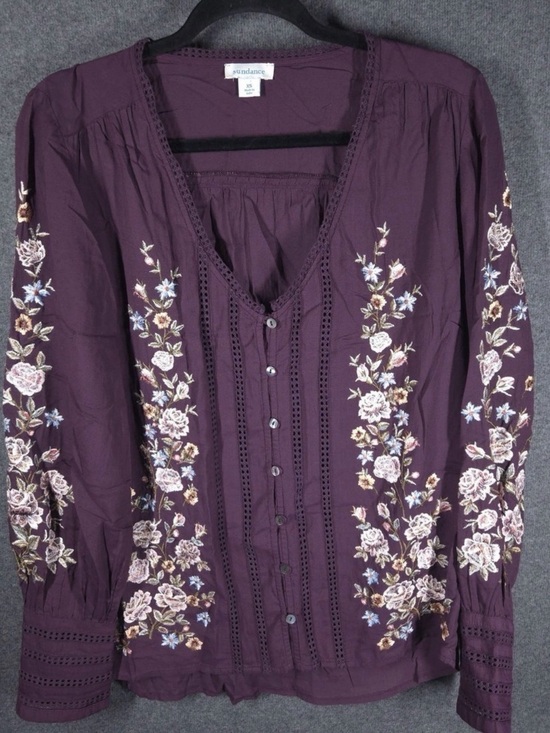 Sundance Tops - Sundance Plum Floral-Embroidered V-Neck Blouse